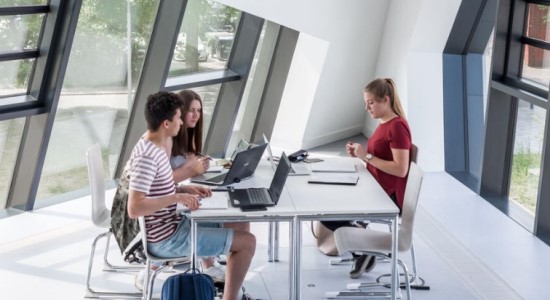 Three students working together at a groub table with a view outdoors at Leuphana University.