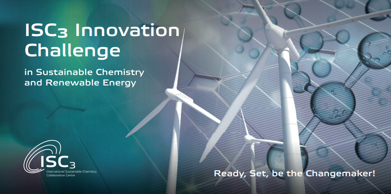 Innovation Challenge banner with wind energy facilities on a background of solar panels and molecules