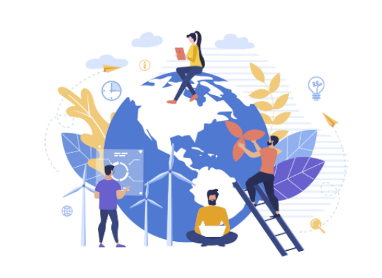 Drawing of a globe with four people sitting on it.
