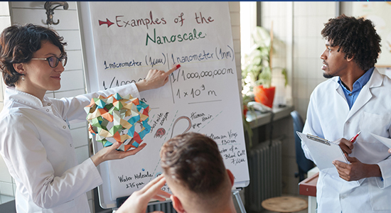 Woman shows Model and Flipchart in front of a Grpup