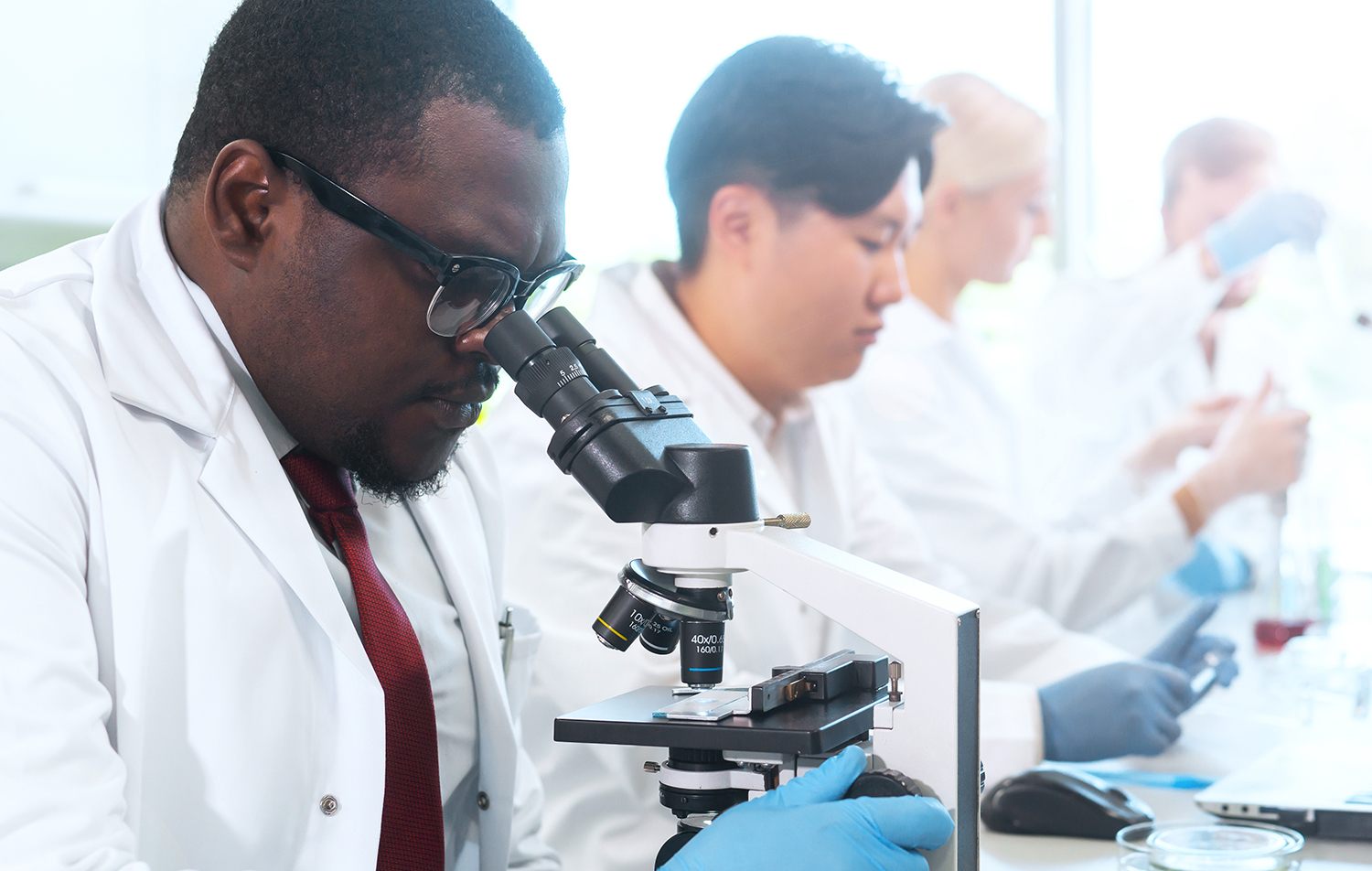 Scientist working in lab. Doctors making medical research. Biotechnology, chemistry, science, experiments and healthcare concept. Day light and window background.