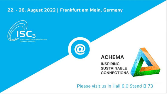 blue and white triangle background advertising Achema.