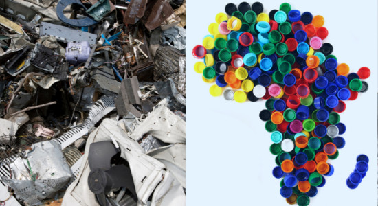 image of trash and the shape of africa made from plastic bottle caps