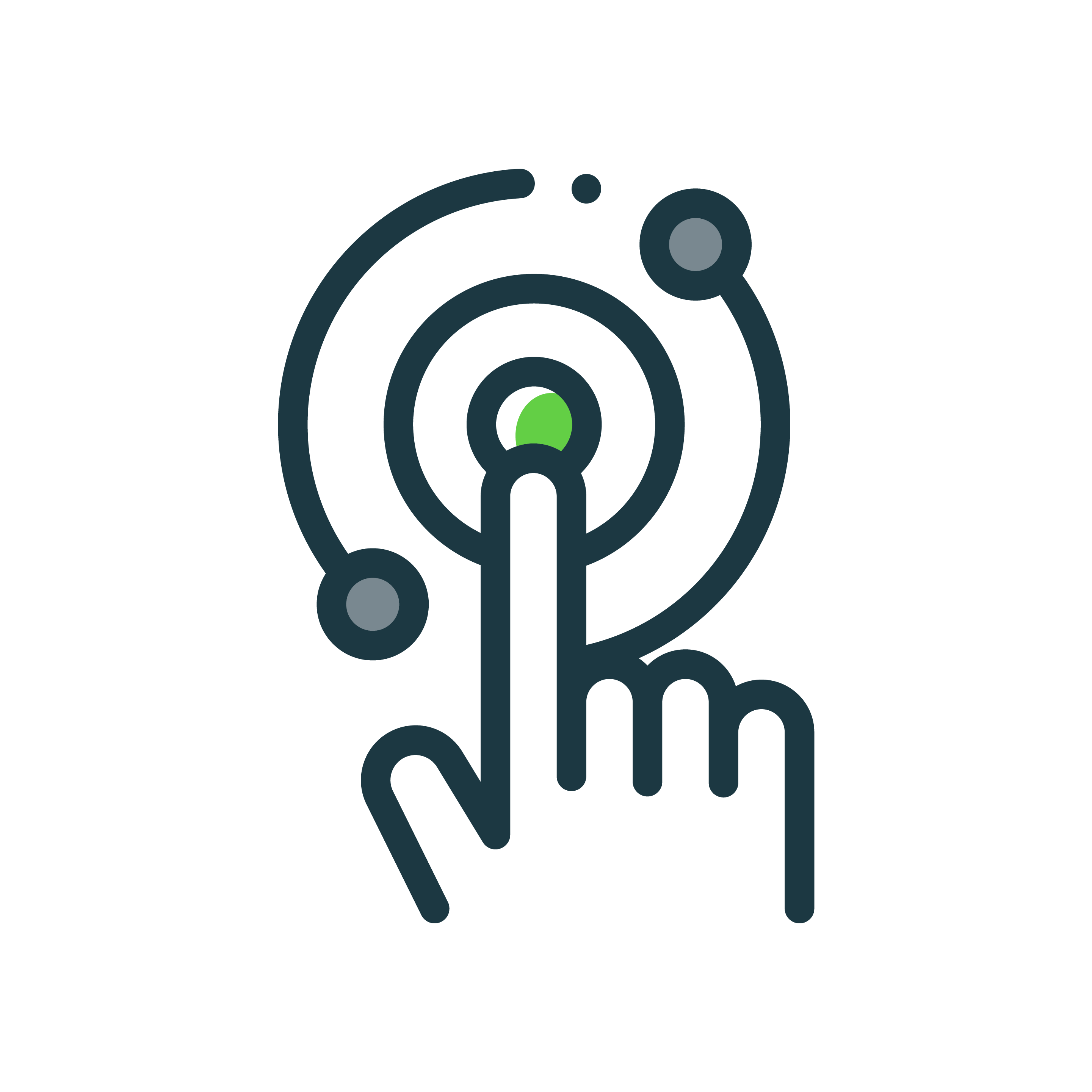 an icon showing a stylised hand tapping into the center of an ring structure wiith circles orbiting a the green circle in the middle
