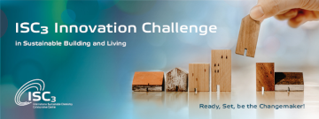 the ISC3 innovation challenge in sustainable building and living  banner showing a hand organising wooden miniature housing facades