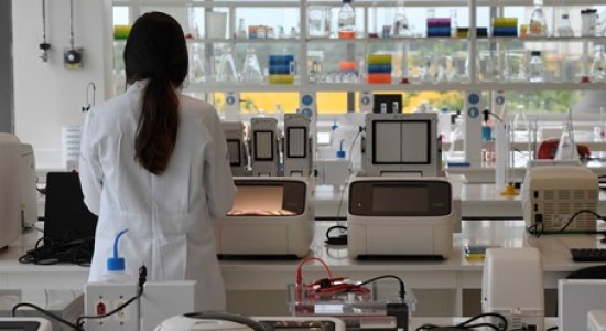 Woman with long brown hair tied in a loose ponytail at work in a laboratory