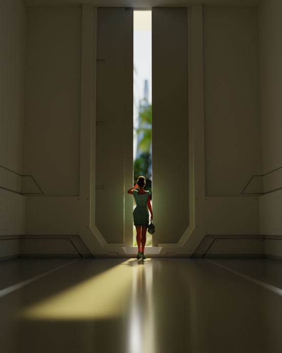 a woman walking towards the outdoors through an opening door from a dark corridor, animated
