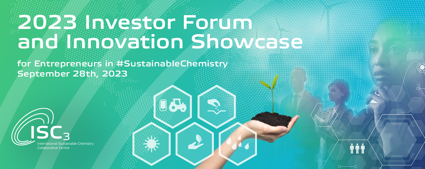 A visualisation showing people and various symbols representing sustainability and innovation on a blue-green background.