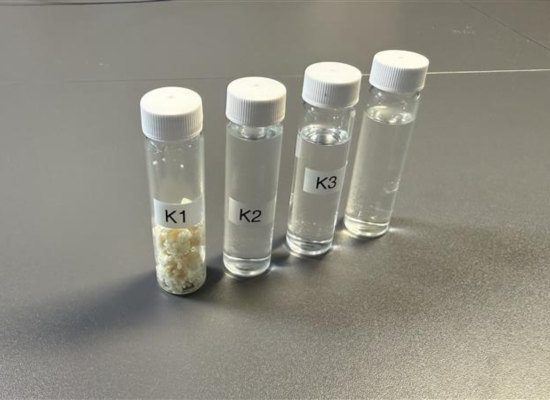 Four little glass tubes containing clear liquids as well as wax like substance labelled "K1", "K2" and "K3", last one unlabelled.