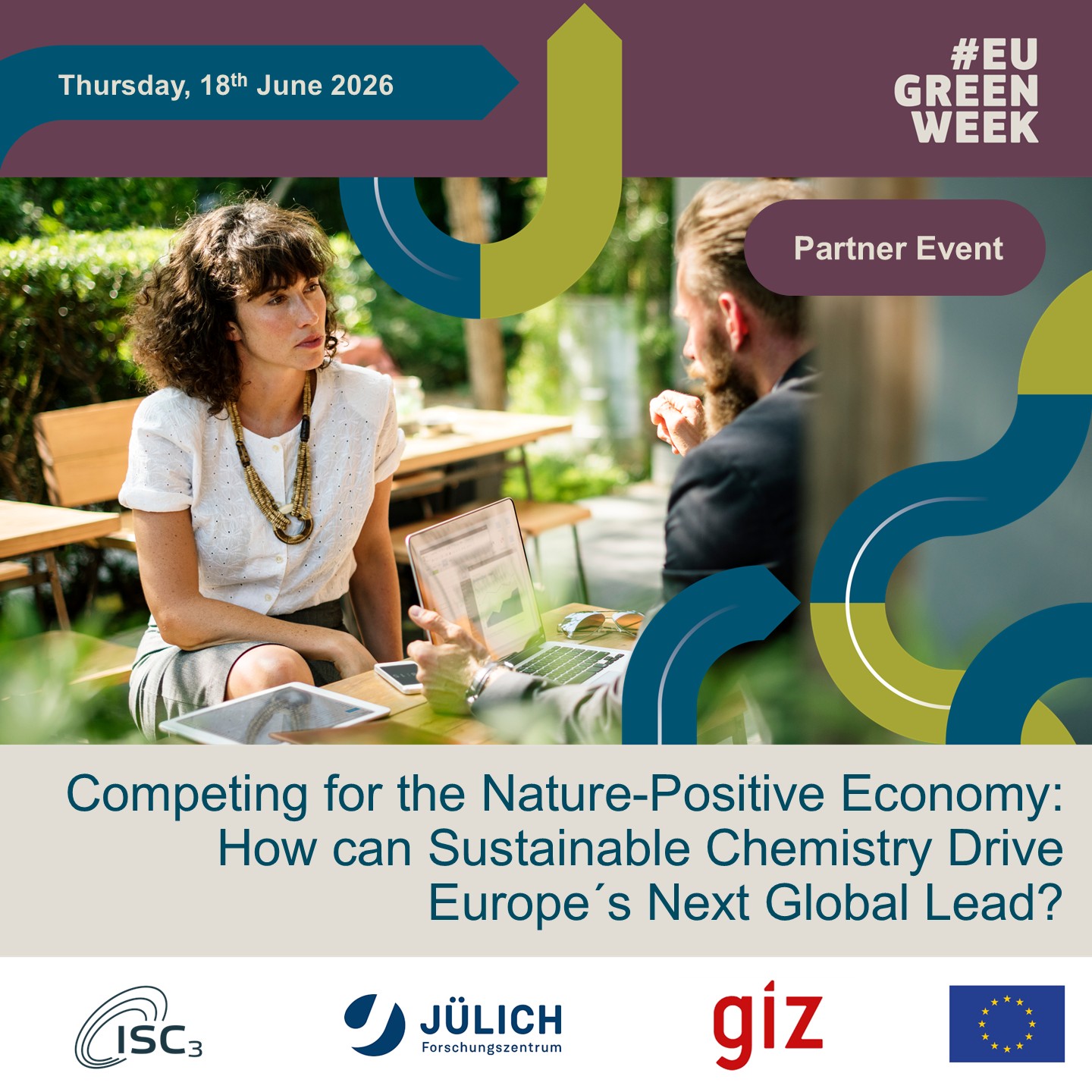 visual for the Green Week partner event. Women talking to a man.